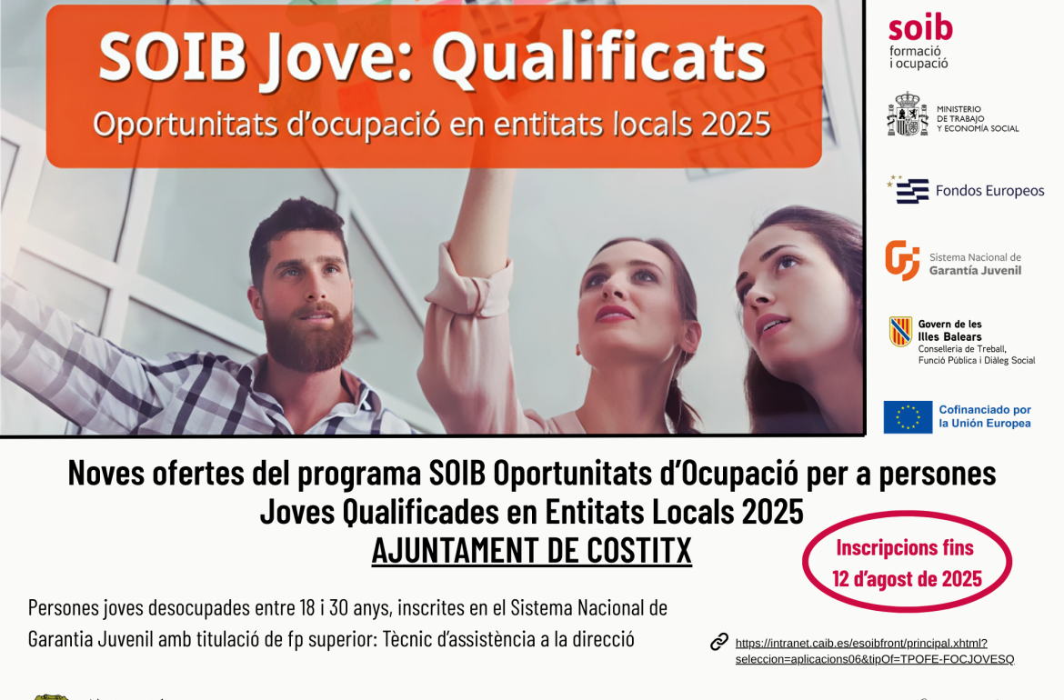 Noves ofertes del programa SOIB Oportunitats d’Ocupació per a persones Joves Qualificades en Entitats Locals 2025