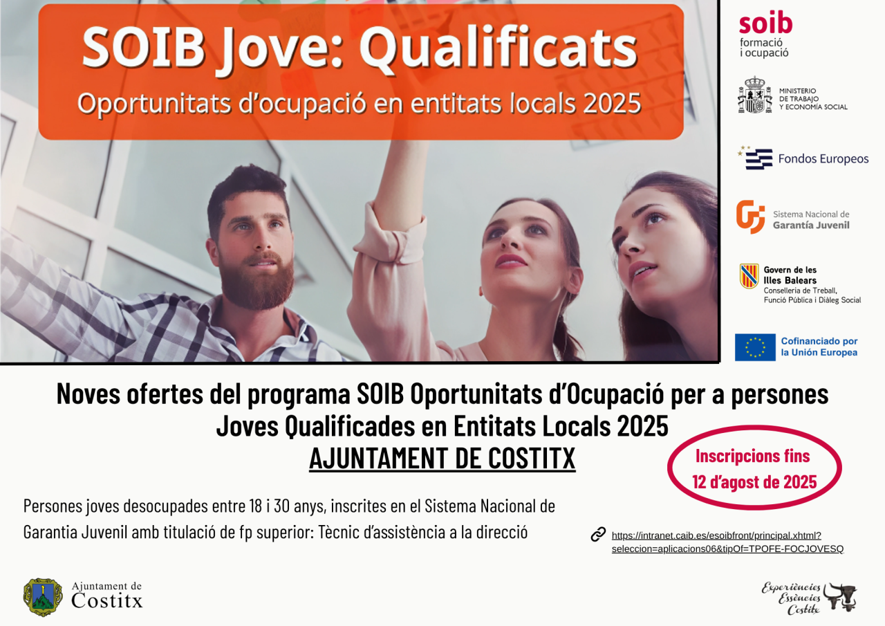 Noves ofertes del programa SOIB Oportunitats d’Ocupació per a persones Joves Qualificades en Entitats Locals 2025